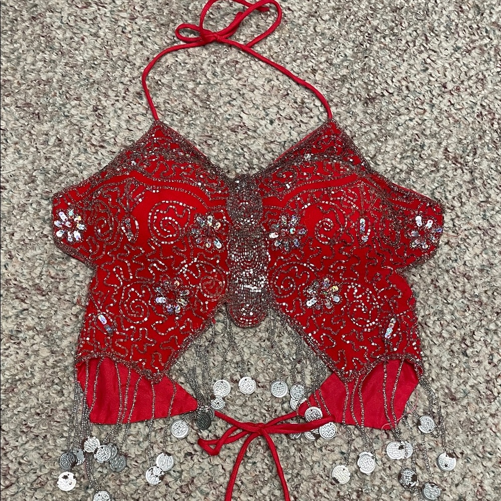 Vintage Beaded sequinned butterfly Halter Tie backless top with beaded tassels